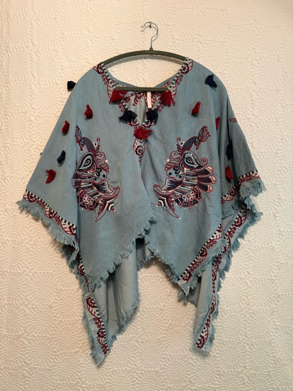 Zara Light Blue Embroidered Tassel Cape Poncho with Red & Navy Accents, M/L